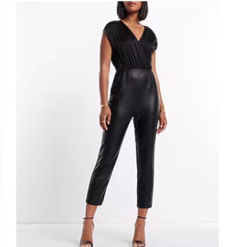 Express V-Neck Faux Leather Jumpsuit - Black